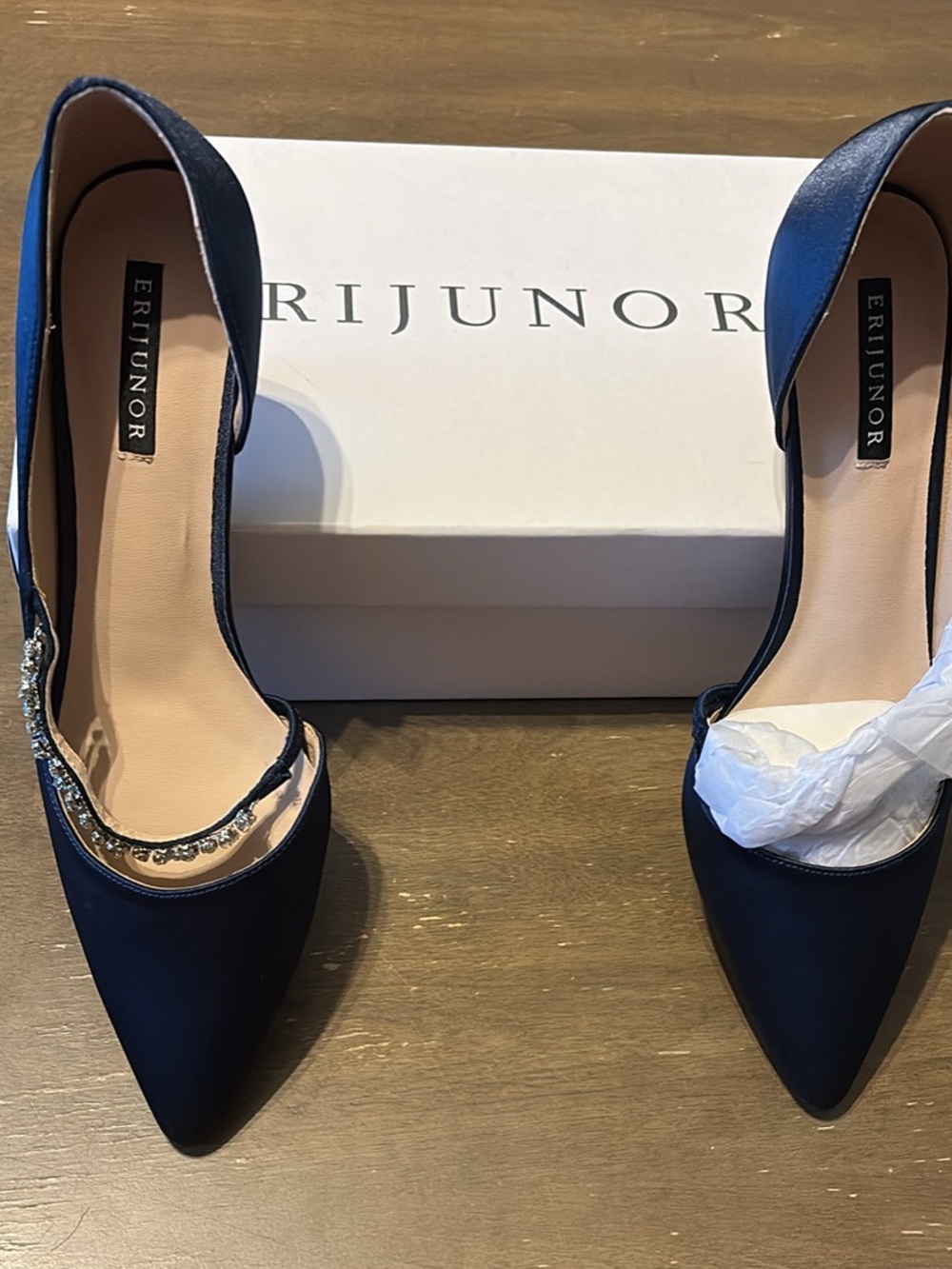 ERIJUNOR Navy Pointed-Toe D'Orsay Pumps with Crystal Accent
